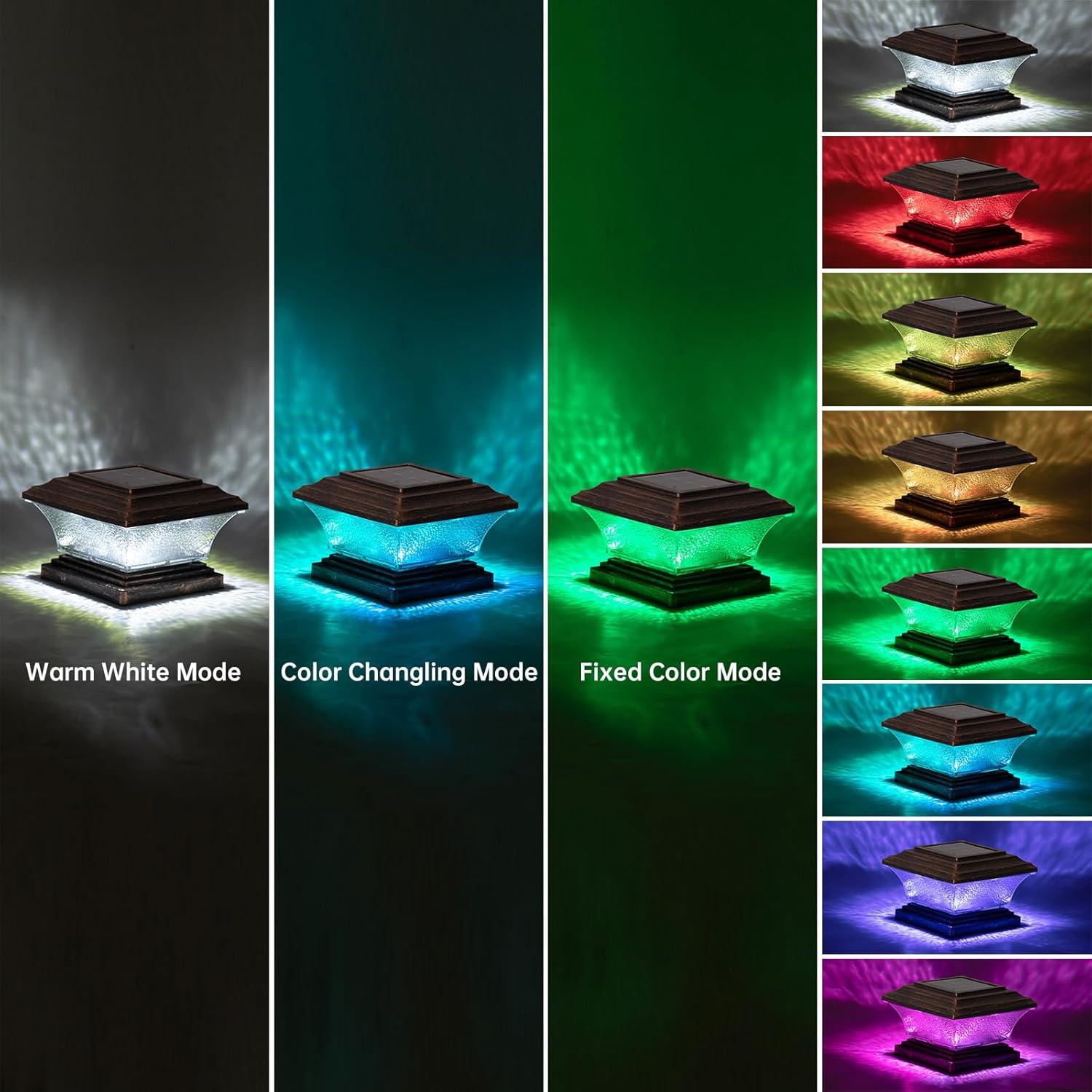 HUYIENO Solar Post Cap Lights Outdoor LED Lighting Deck Fence Light Two Modes Warm White/7 RGB Color Changing Suitable for 4x4 5x5 Wooden Posts (Brushed Copper, 8pk), HY1238